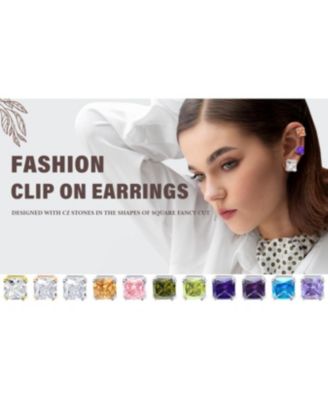 Set of 2 Large 5CT Square CZ Solitaire Clip-On Earrings Silver Plated 12MM