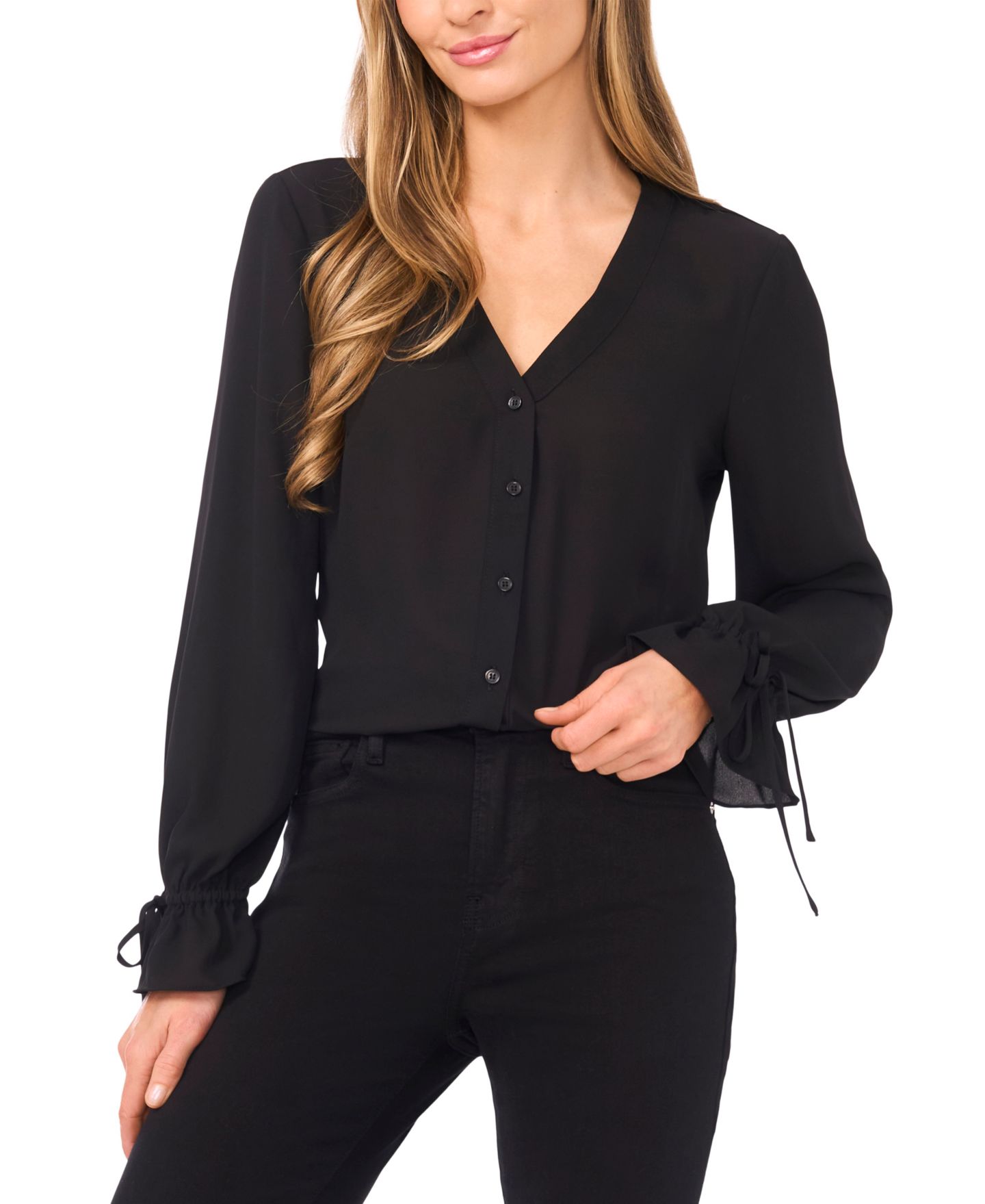Женский топ CeCe V-Neck Button Down Lace Flounce Trim, цвет: Насыщенный чёрный — фото 1