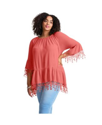 Women's Plus Size Crochet Fringe Trim Tunic