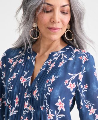 Women's Printed Pintuck Ruffle Sleeve Top, Macy's Exclusive