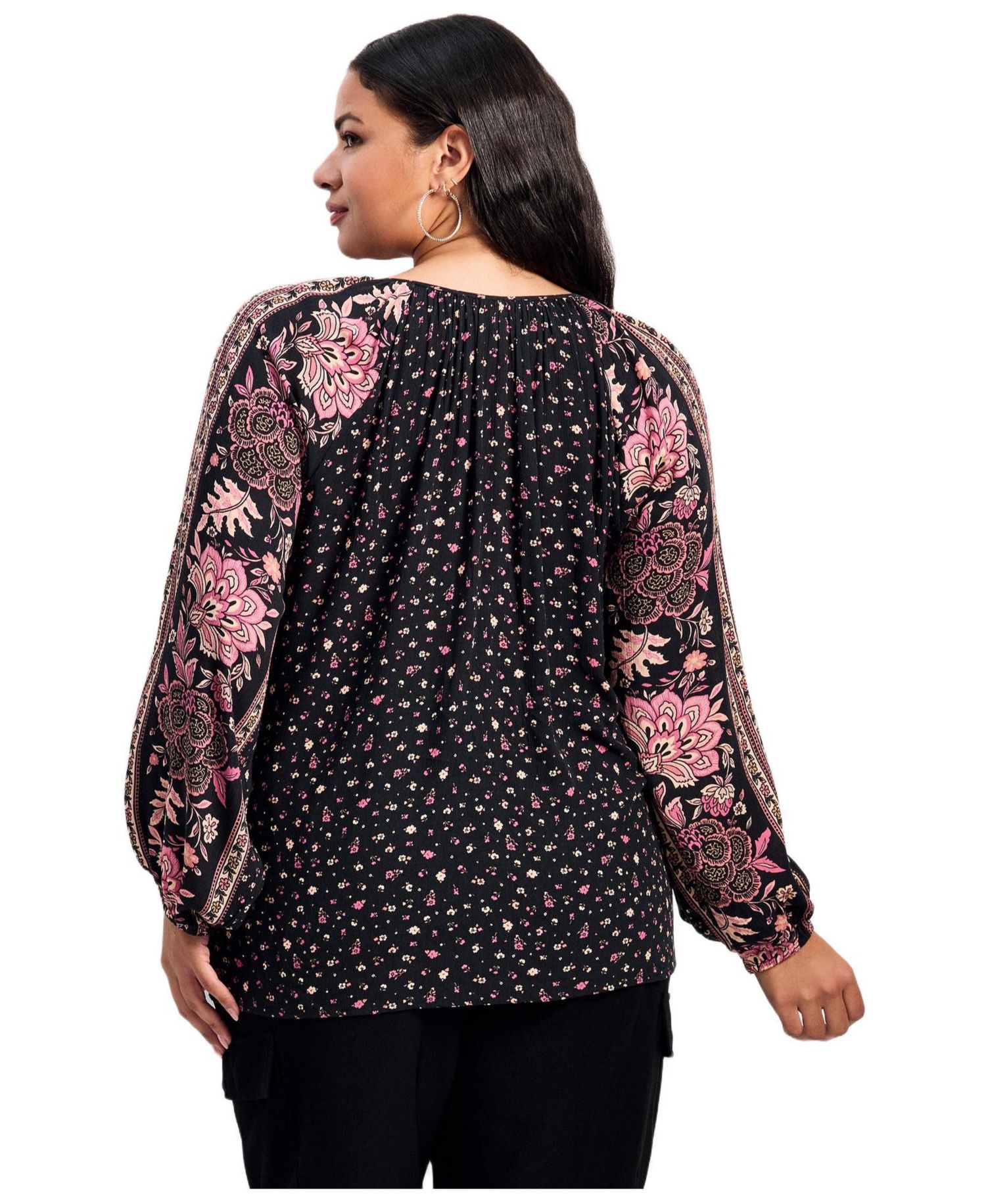 Women's Plus Size Eliana Border Print Sleeve Peasant Top