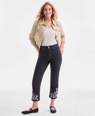 Style & Co - Women's Embroidered Cropped High-Rise Straight-Leg Jeans