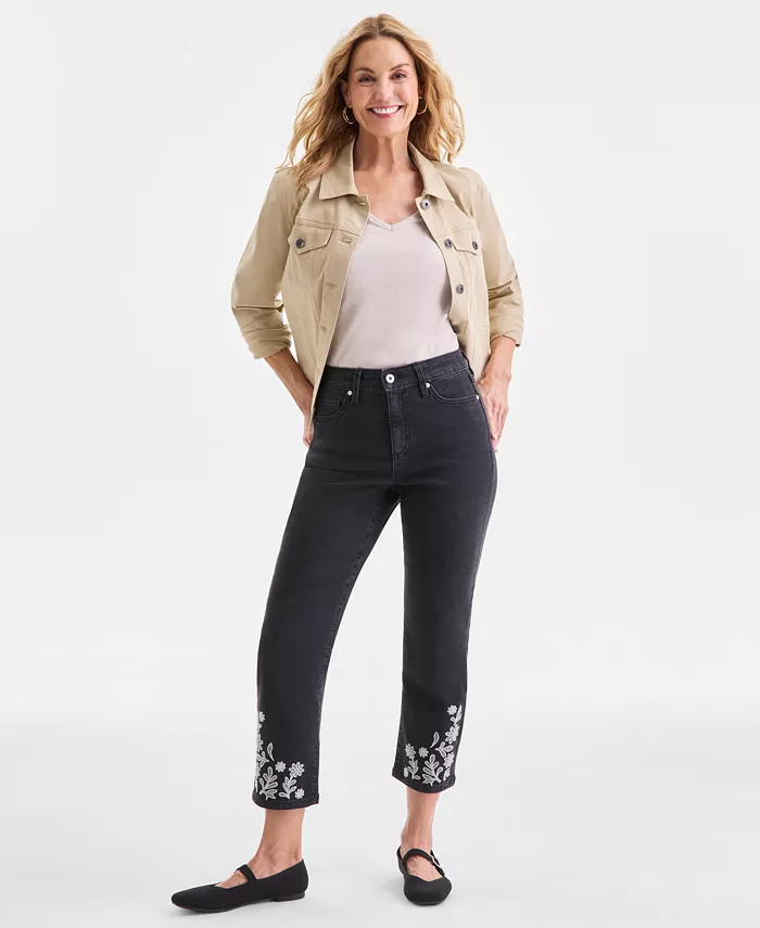Women's Embroidered Cropped High-Rise Straight-Leg Jeans