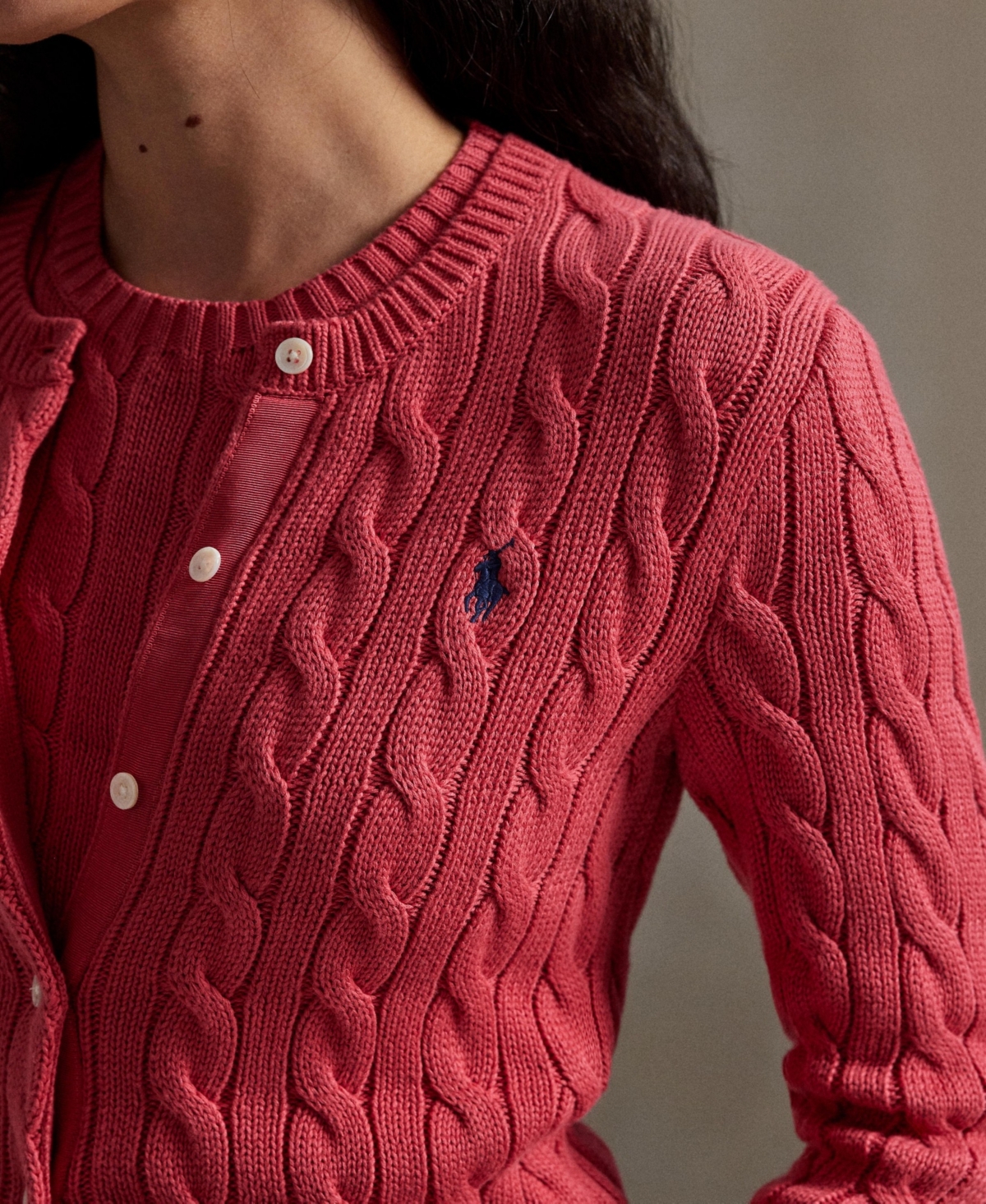 Polo Ralph Lauren Women's Cable-knit Cotton Crewneck Cardigan Sweater In Red