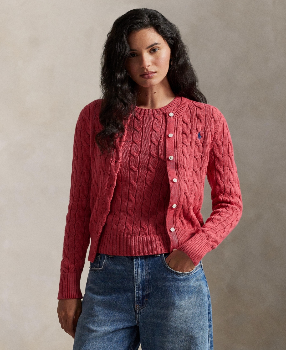 Polo Ralph Lauren Women's Cable-knit Cotton Crewneck Cardigan Sweater In Red