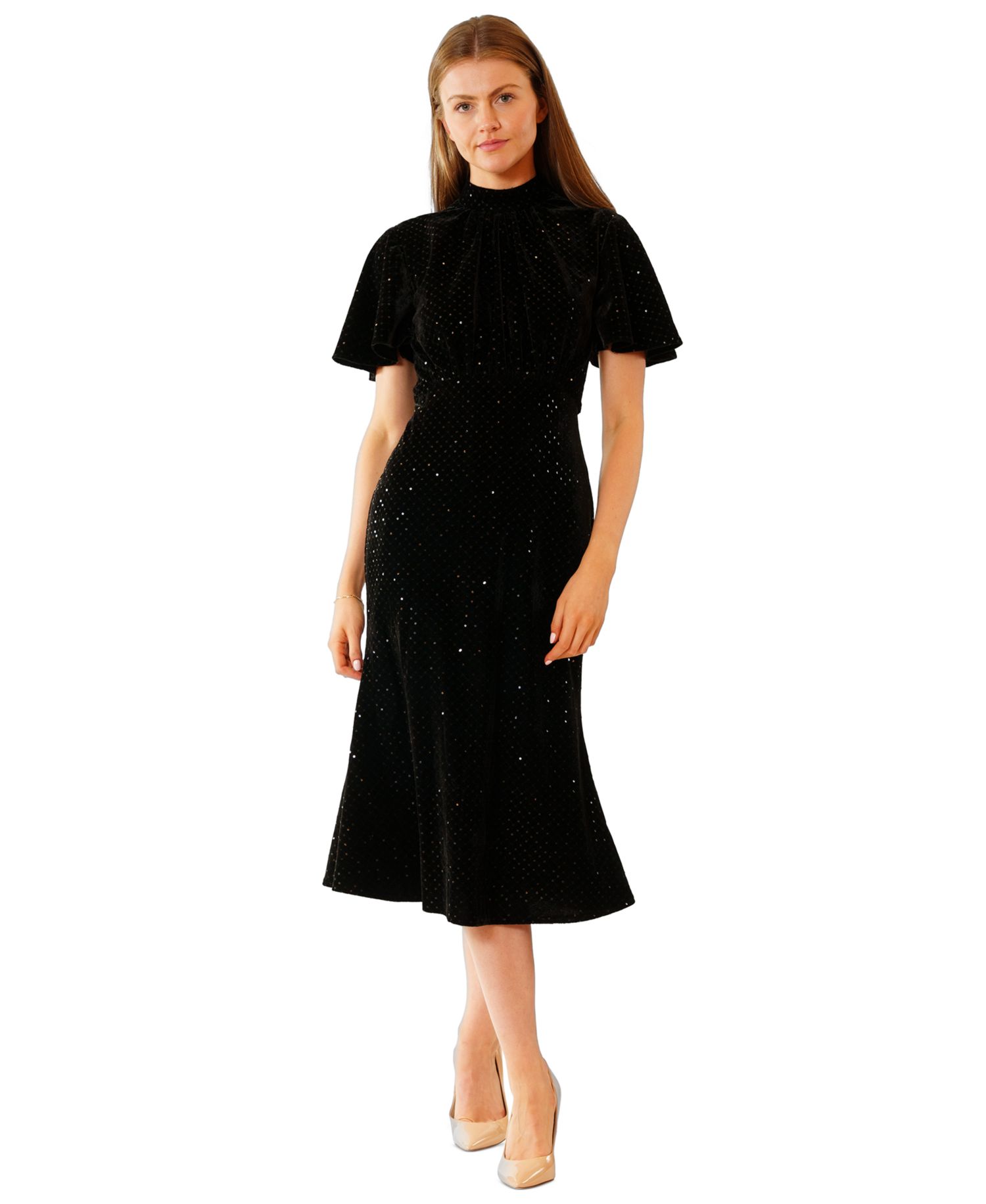 Women's Short-Sleeve Velvet Midi Dress