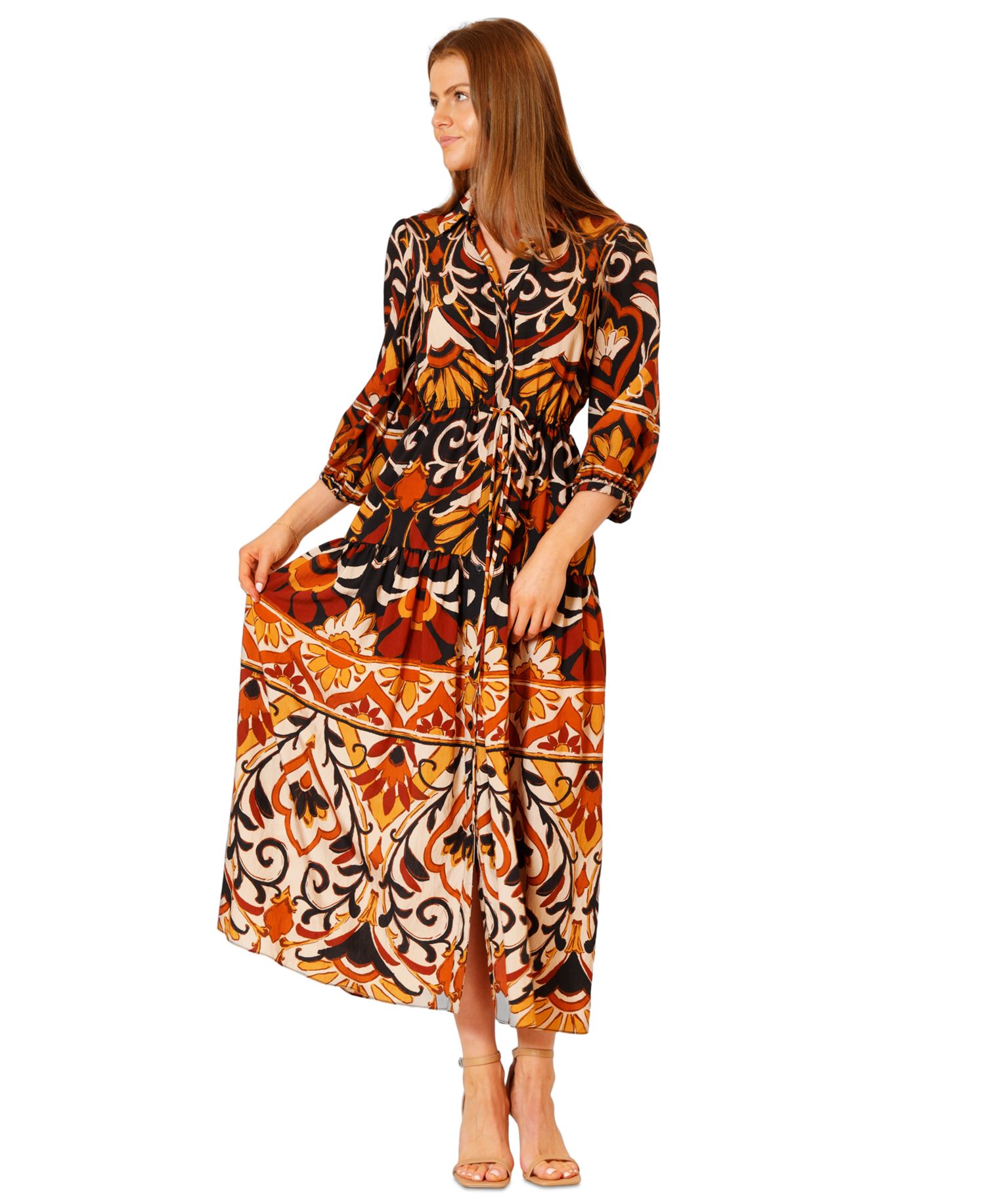 Women's Printed 3/4-Sleeve Midi Dress