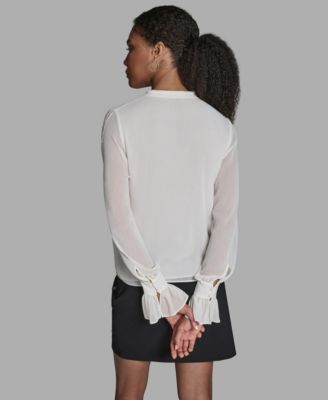 Women's Long-Sleeve Tie-Neck Ruffle Cuff Blouse