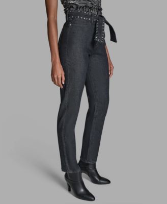 Women's Grommet Straight Leg Mid Rise Jeans