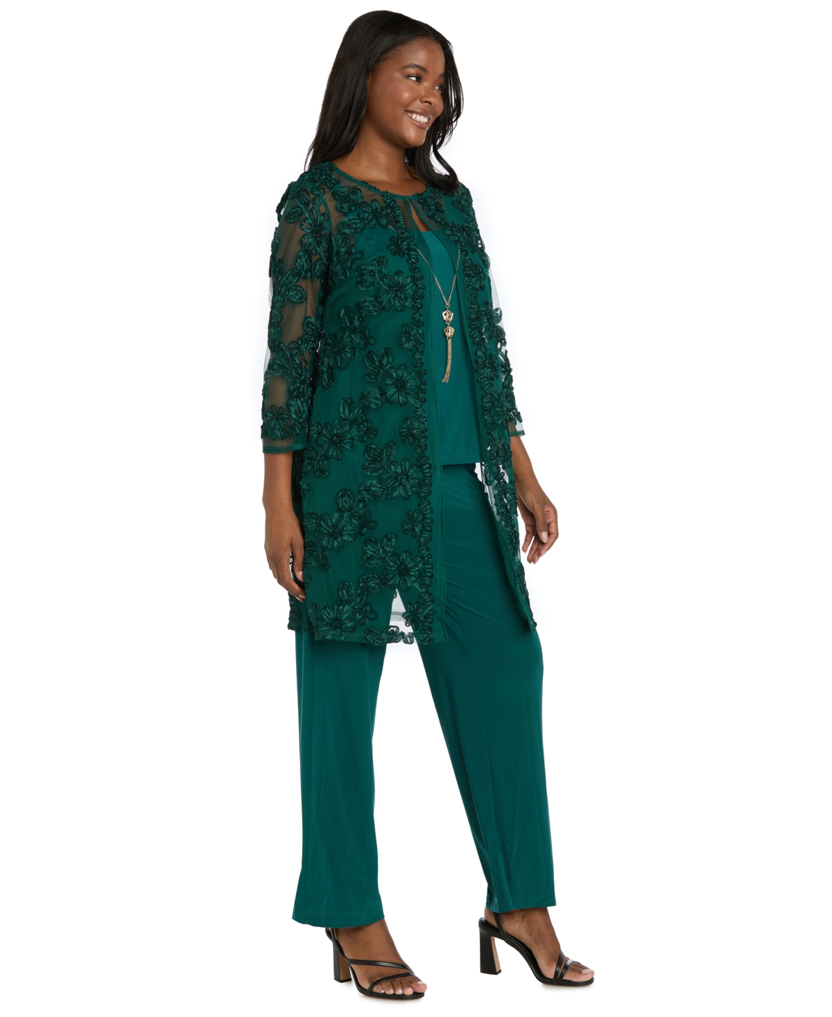 R & M Richards Women's Soutache Long Jacket, Necklace Top & Pants Set In Green