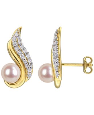 Macy's - Cultured Freshwater Pearl (6-6.5mm) & White Topaz Earrings (3/4 ct. t.w.) in 18K Gold Flash Plated Sterling Silver