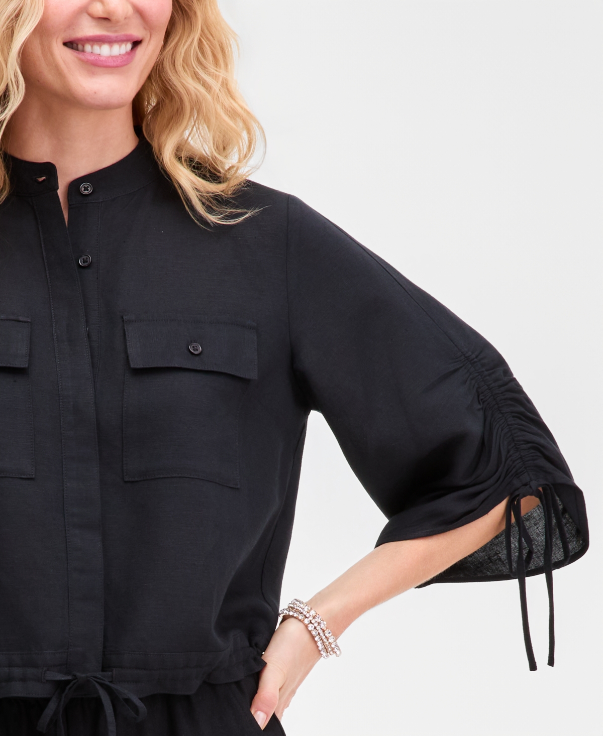 Inc International Concepts Women's Tie-sleeve Chambray Tie-waist Blouse, Macy's Exclusive In Black