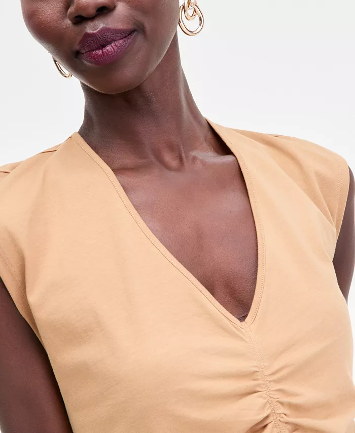 Women's Cap Sleeve Ruched Cotton V-Neck T-Shirt - thumbnail 6