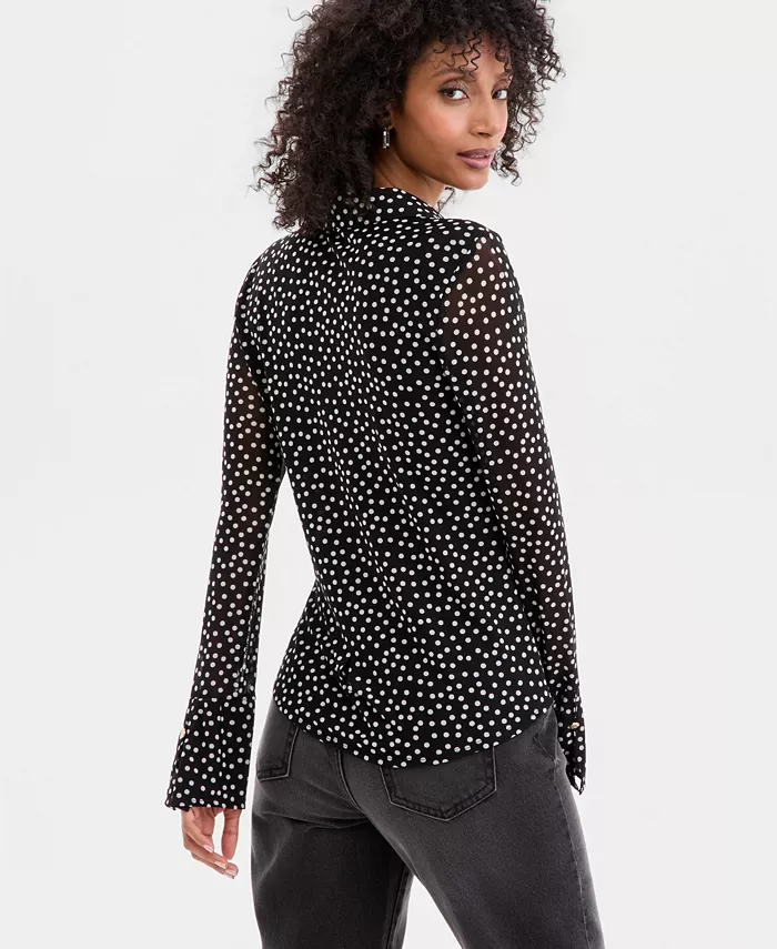 Women's Long Sleeve Printed Mesh Collared Shirt - thumbnail 4