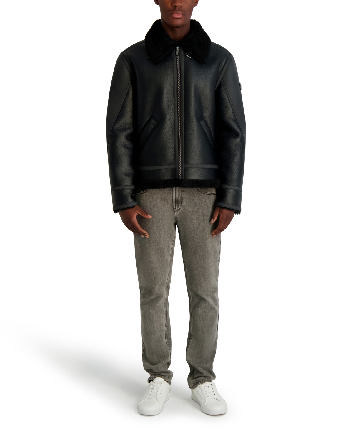 Karl Lagerfeld Paris Men's Sherpa Lined Faux Leather Collared Jacket
