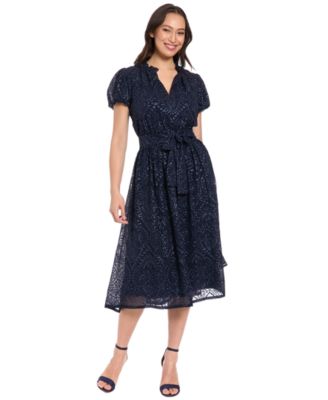 London Times - Women's Bubble Sleeve Elastic Waist Midi Dress