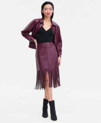 Women's Faux-Leather Fringe-Trim Skirt, Macy's Exclusive 