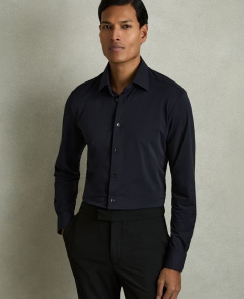 Мужская рубашка REISS Voyager Long-Sleeve Travel Dress Shirt, цвет: Тёмно-синий