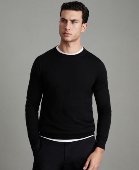 Мужской свитер REISS Wessex Merino Wool Crew Neck, цвет: Чёрный