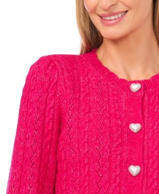 Women's Valentine's Crewneck Heart-Button Pointelle Cardigan Sweater