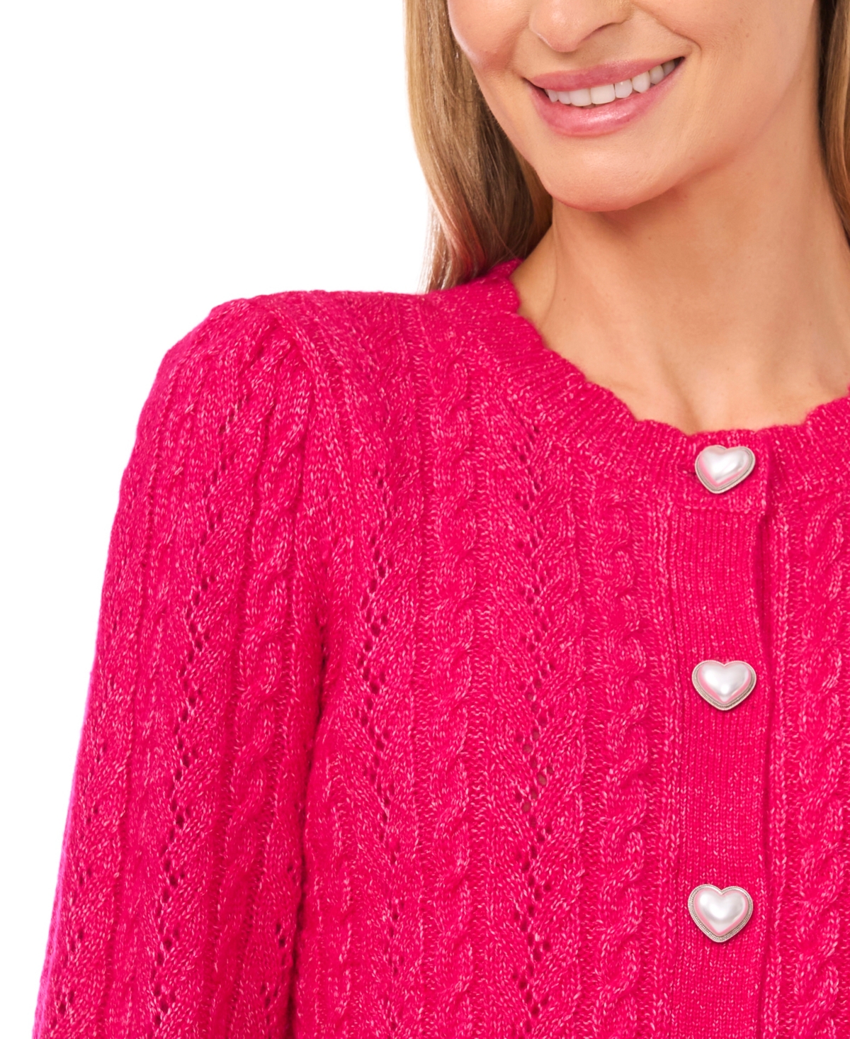 Cece Women's Crewneck Heart Button Pointelle Cardigan Sweater In Pink