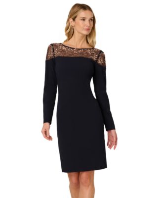 Women's Beaded Illusion Long-Sleeve Sheath Dress