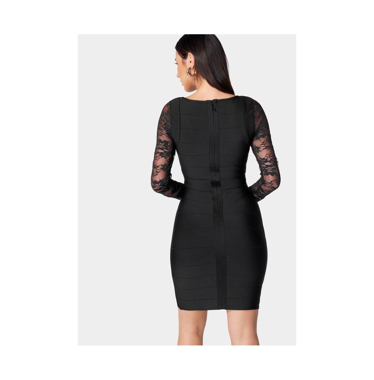Bebe Womens Long Sleeve Lace and Bandage Dress