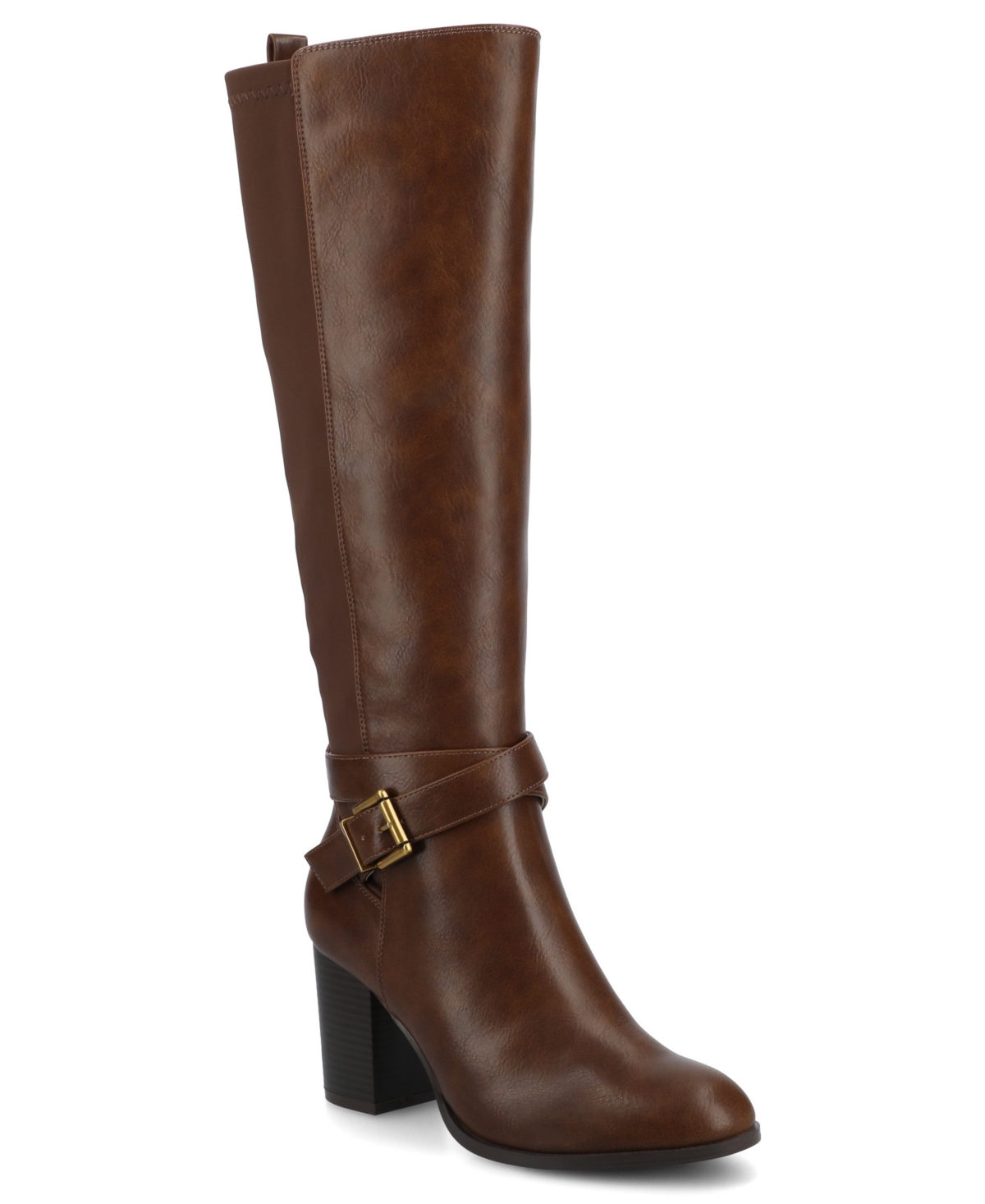 Journee Collection Journee Women's Avalonn Buckle Strap Knee High Stacked Heel Inside Zipper Comfort Dress Boots In Brown