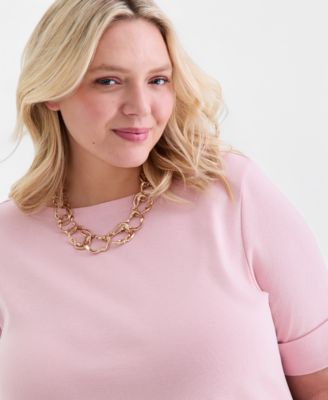 Plus Size Boat-Neck Elbow Sleeve Cotton Top