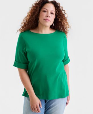 Plus Size Boat-Neck Elbow Sleeve Cotton Top