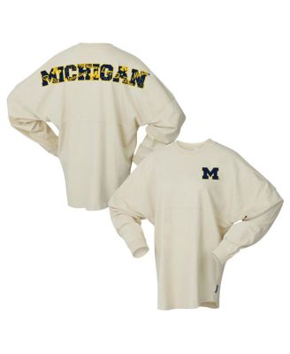 Spirit Jersey - Women's Cream Michigan Wolverines Oversized Preppy Long Sleeve T-Shirt