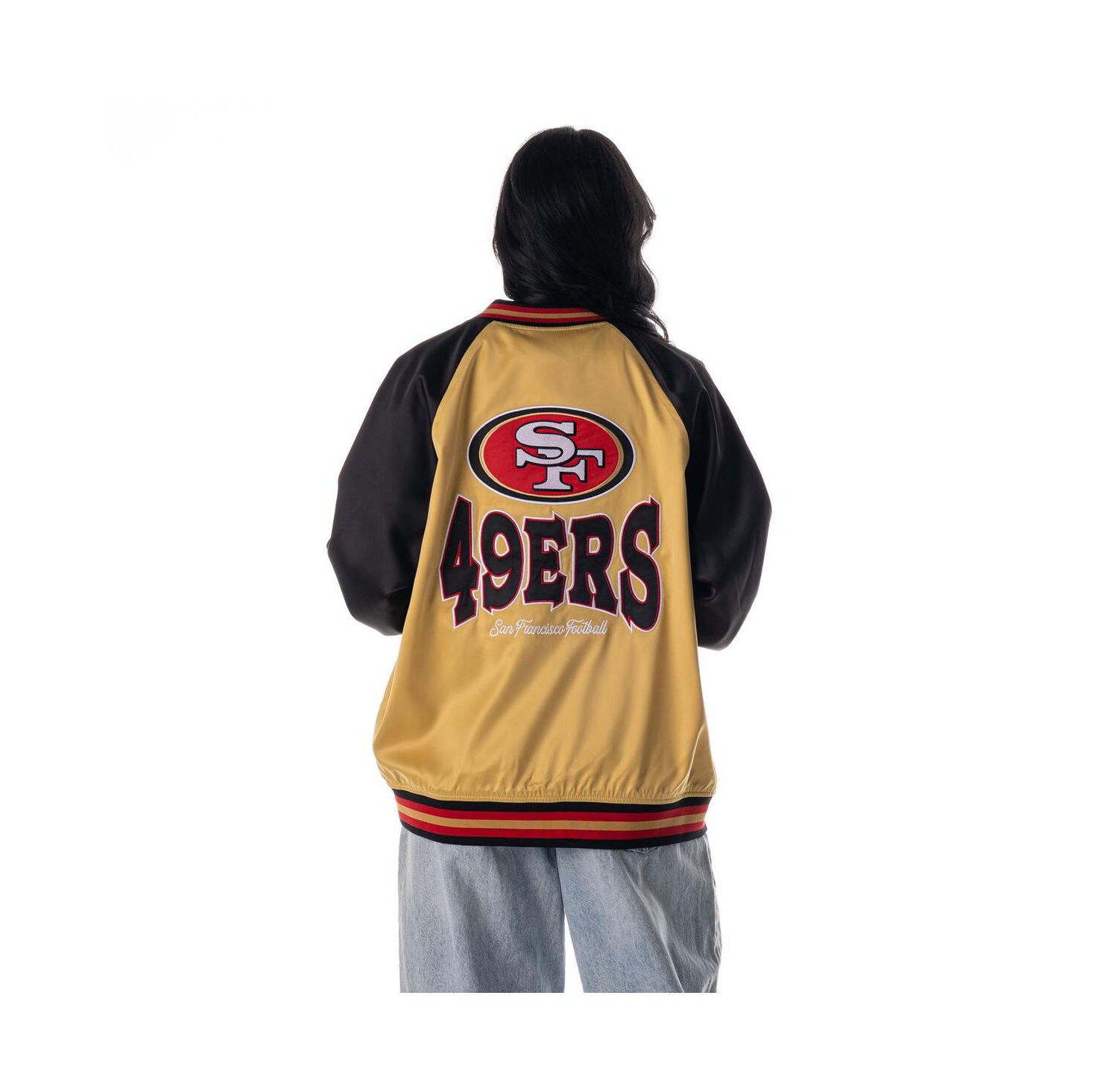 Women's Gold San Francisco 49ers Oversized Satin Raglan Full-Snap Bomber Jacket