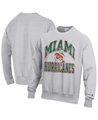 Champion - Men's Gray Miami Hurricanes Distressed Arch Over Logo Reverse Weave Crew Neck Sweatshirt
