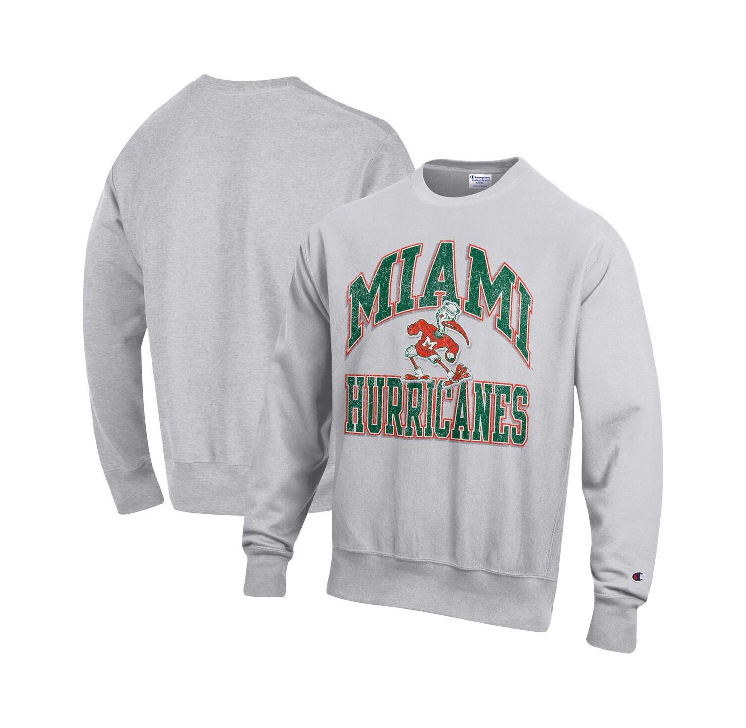 Men's Gray Miami Hurricanes Distressed Arch Over Logo Reverse Weave Crew Neck Sweatshirt