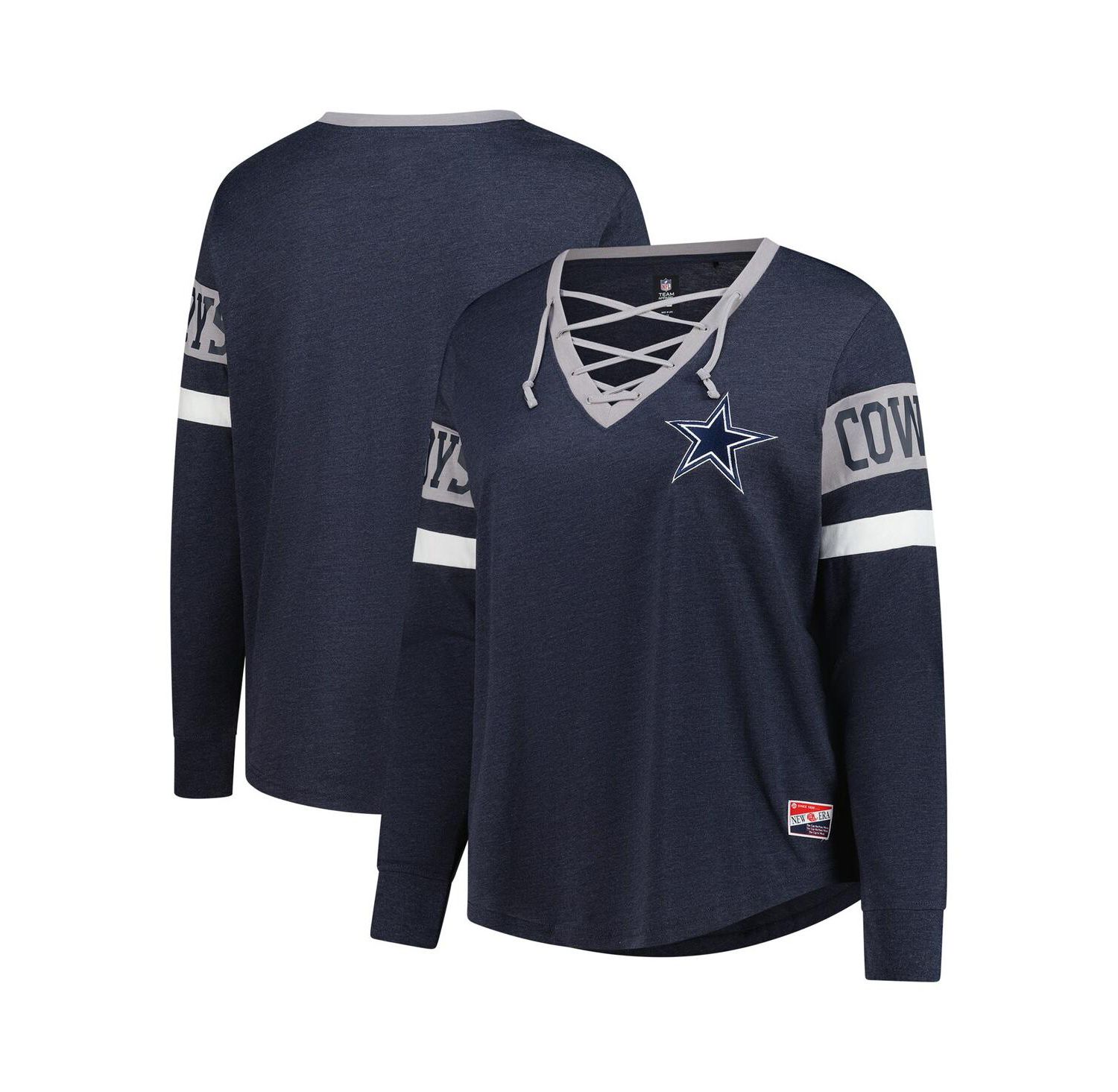 Women's Navy Dallas Cowboys Plus Size Throwback Lace-Up Long Sleeve T-Shirt