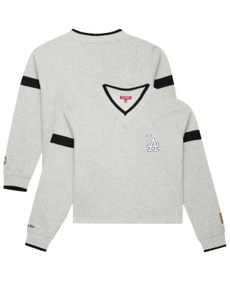 Mitchell & Ness - Women's Heather Gray Los Angeles Dodgers Cooperstown Collection V-Neck Cropped Toggle Sweatshirt