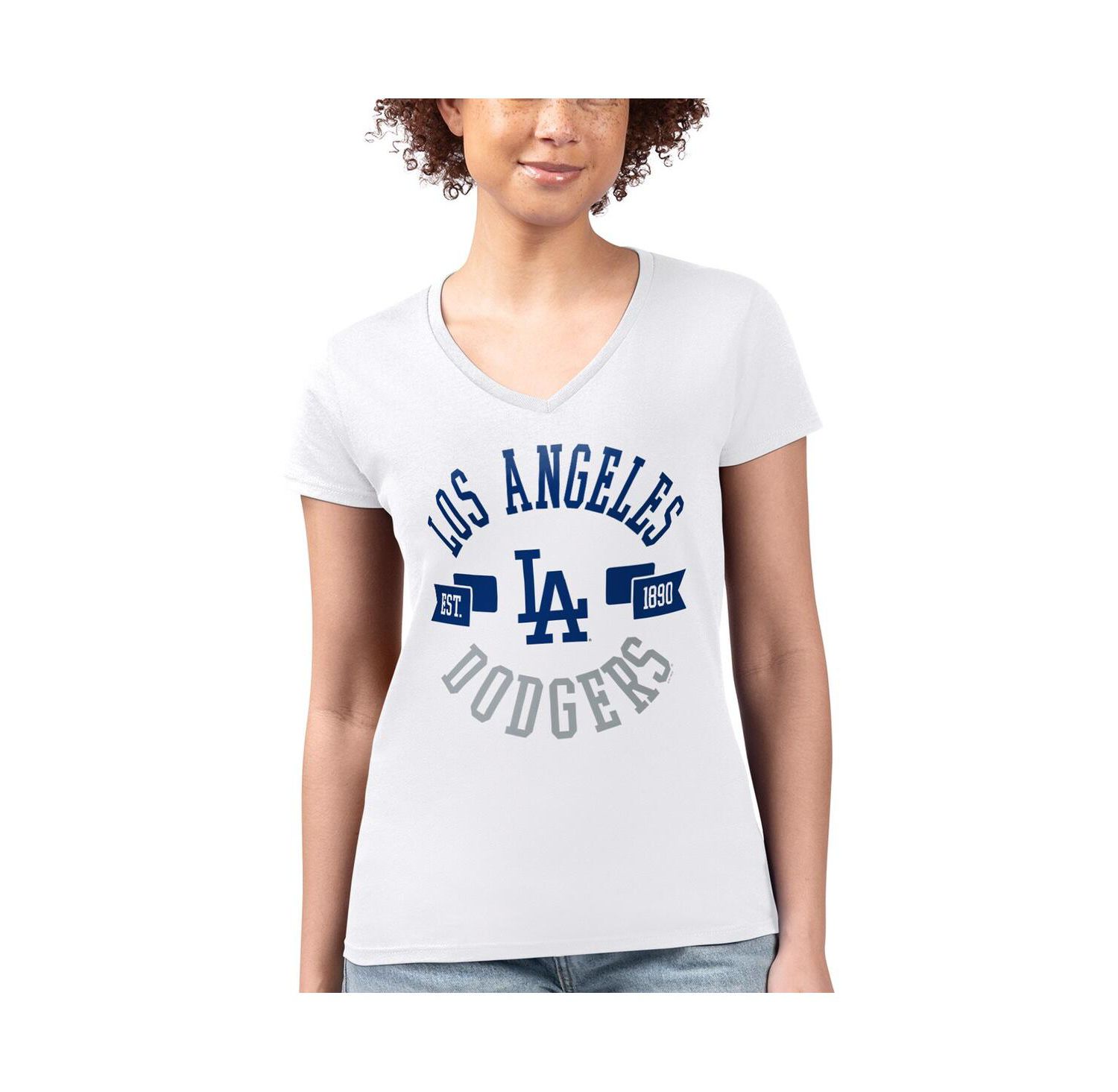 Women's White Los Angeles Dodgers Super-Slim Fit Lightweight City Graphic V-Neck T-Shirt