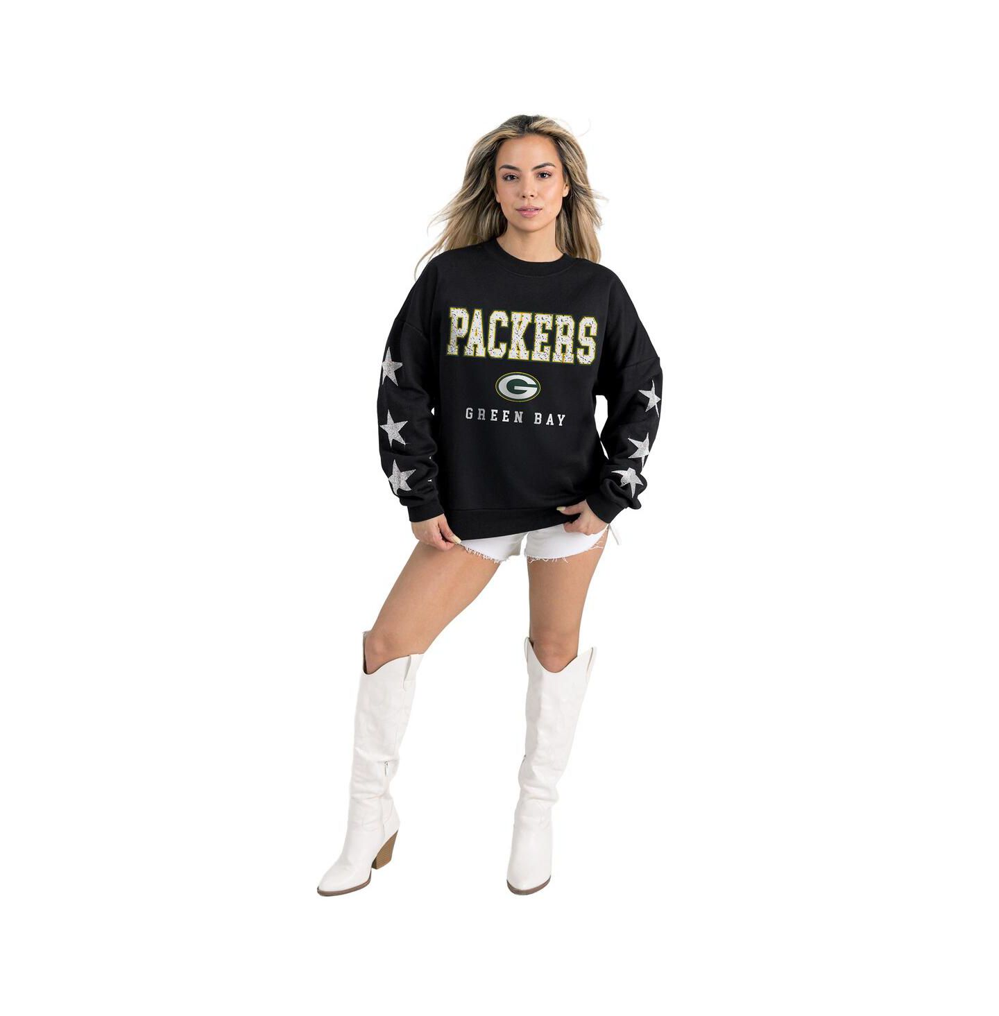 Женские толстовки Gameday Couture Black Green Bay Packers Velocity Relaxed Rhinestone Pullover — фото 1