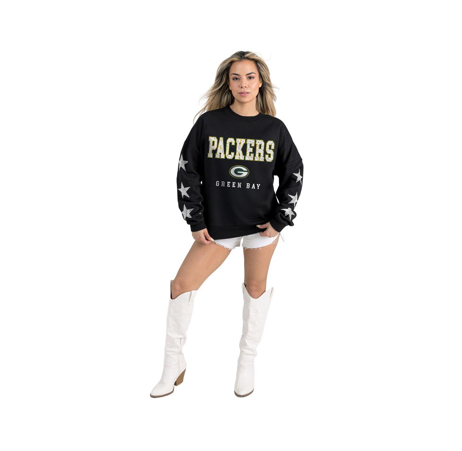 Women's Black Green Bay Packers Velocity Relaxed Rhinestone Pullover Sweatshirt