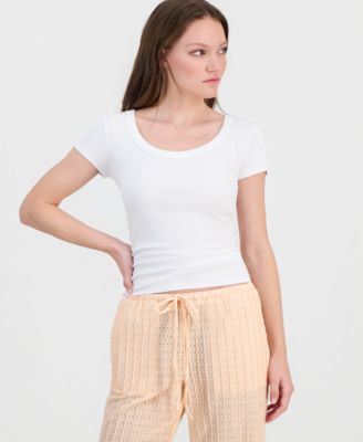 Juniors' Side-Ruched Ribbed-Knit T-Shirt
