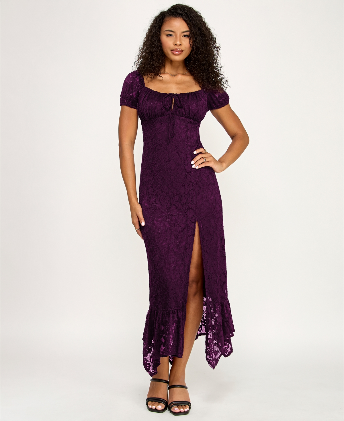 Emerald Sundae Junior's Lace Puff-sleeve Dress In Purple