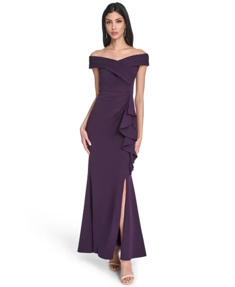 Petite Off Shoulder Pleated Ruffle Gown - Plum