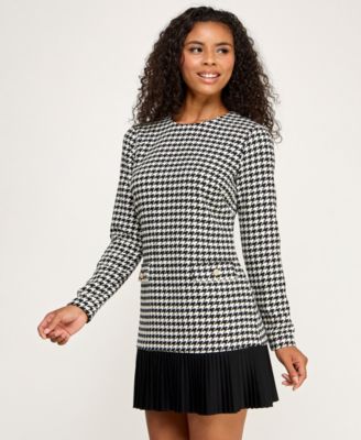 Juniors' Houndstooth Blazer Pleated Crewneck Dress