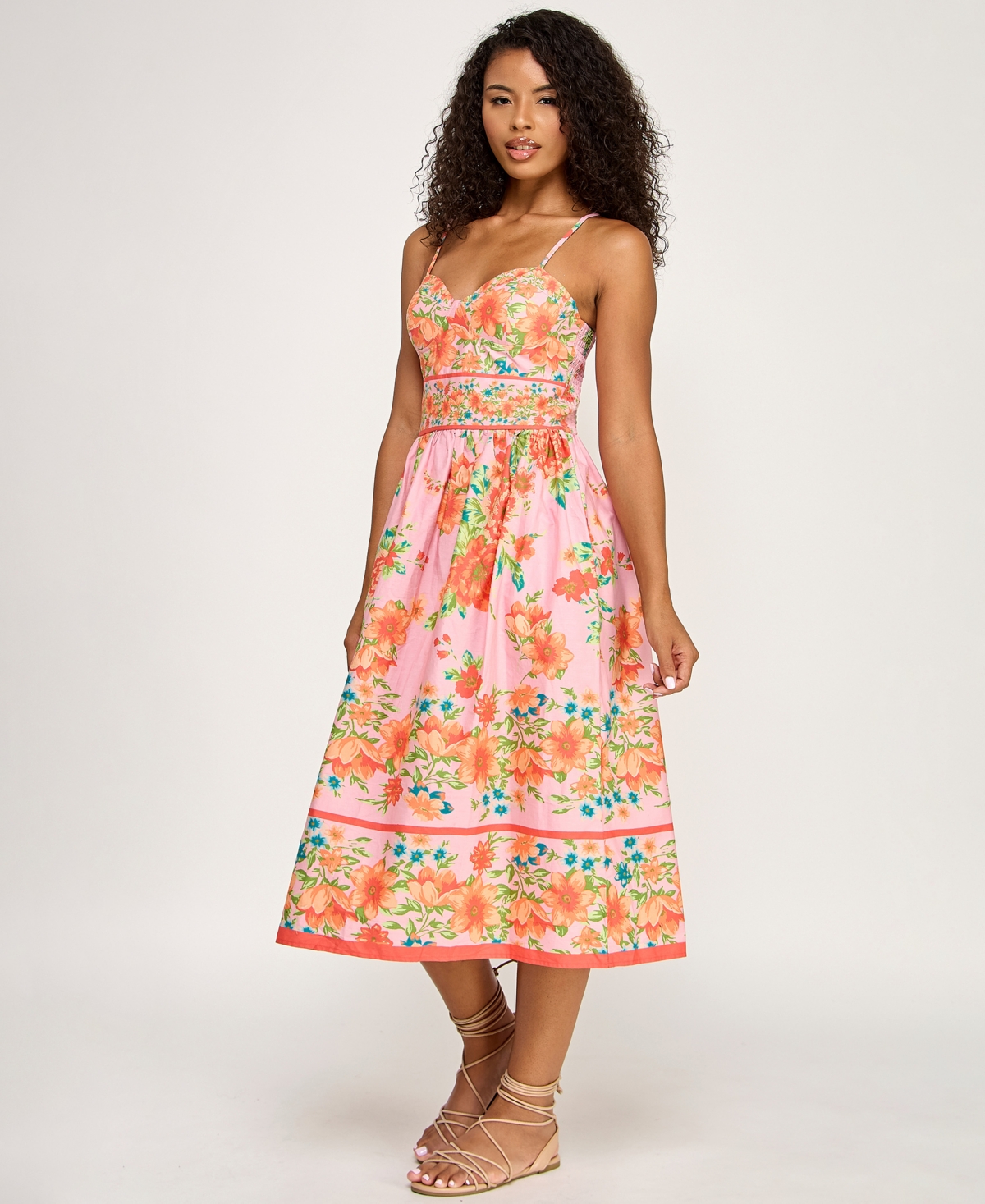Seni & Cade Juniors' Floral Printed Sweetheart Neck Midi Dress In Pink