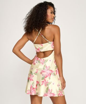 Juniors' Floral Square Neck Back Strap Satin Dress