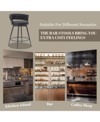 Swivel Bar Stools Set of 3, 24 Inches Modern Counter Height Bar Stools with Woven Back, Upholstered Suede Tall Barstools