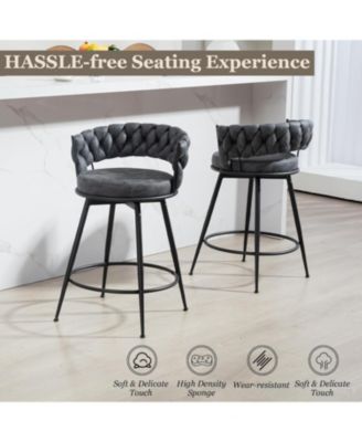 Swivel Bar Stools Set of 3, 24 Inches Modern Counter Height Bar Stools with Woven Back, Upholstered Suede Tall Barstools