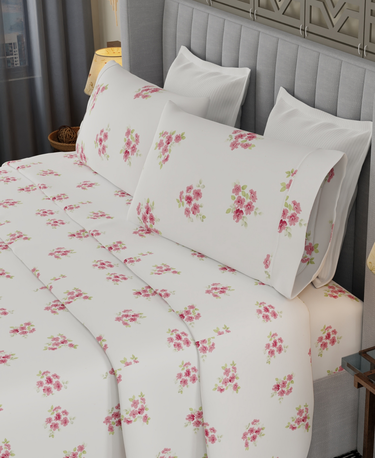 Color Sense Brushed Cool Crisp Printed Cotton 4-pc. Sheet Set, Full In Pink