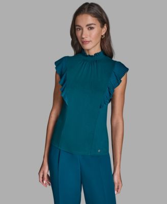 Women's Pleated Mock Neck Flutter Sleeve Top