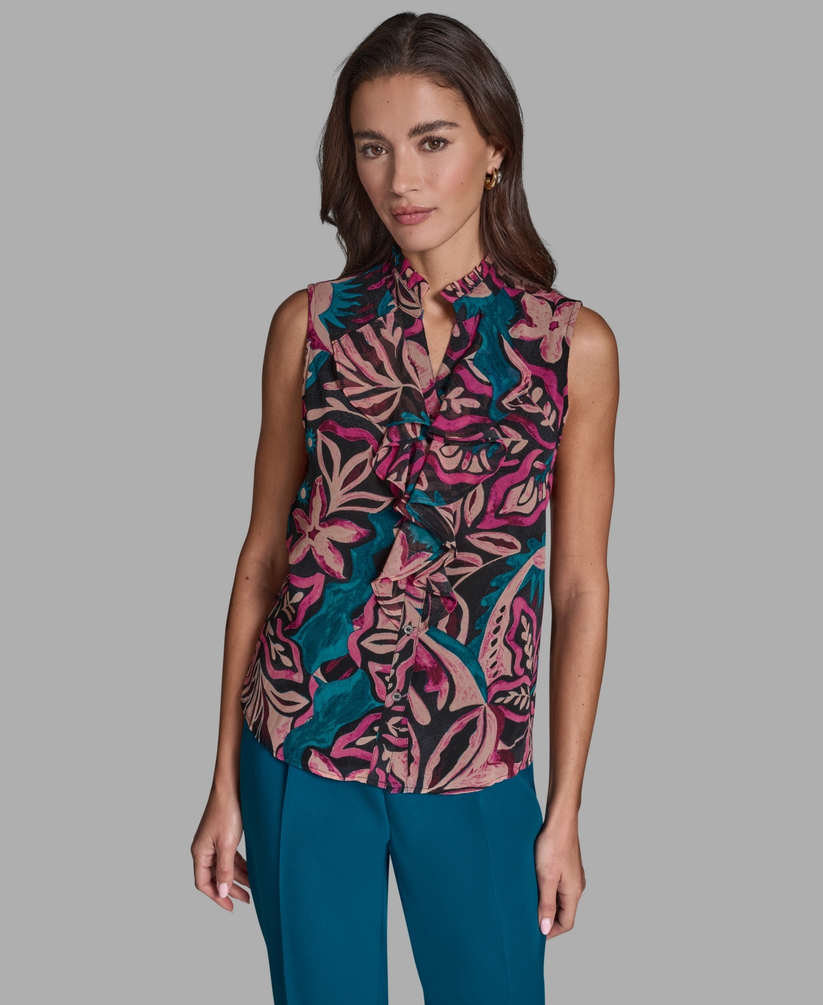 Bcbg Women's Sleeveless Ruffle Front Top In Multi